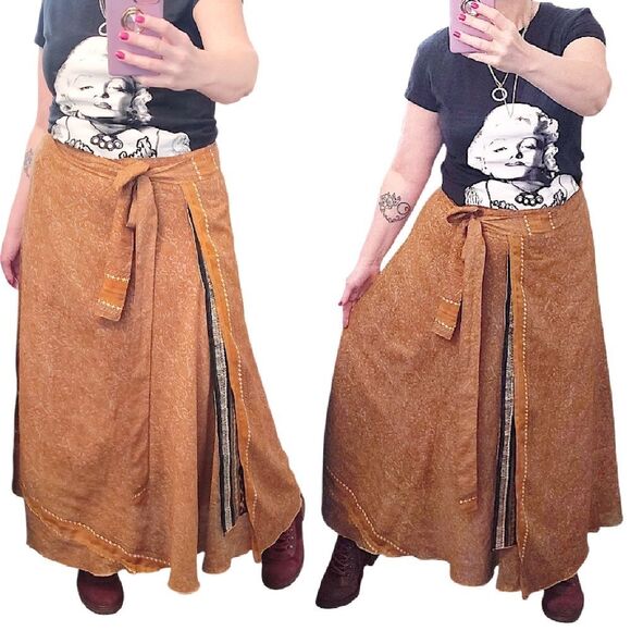 VTG Sari Red Printed Gypsy Reversible Wrap Around Silk Midi Skirt One Size - Picture 4 of 12